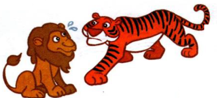 A big orange tiger running next to a small lion with sweat drops on its face