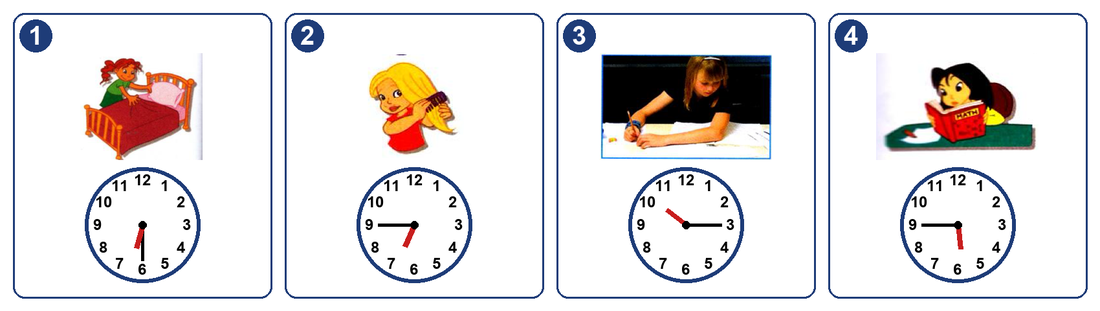 Four pictures, each with a clock. 1: a girl makes her bed, the clock shows half past six. 2: a girl combs her hair, a quarter to seven. 3: a girl writes at a school desk, a quarter past ten. 4: a girl reads a Maths book, a quarter to six.