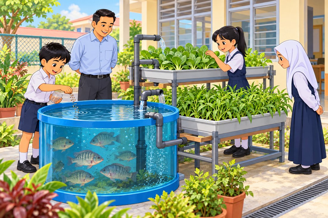 Kebun akuaponik sekolah: tangki ikan tilapia yang besar, paip mengalirkan air ke rak sayur sawi dan kangkung; tiga orang murid memberi ikan makan dan memeriksa sayur sambil diperhatikan oleh guru