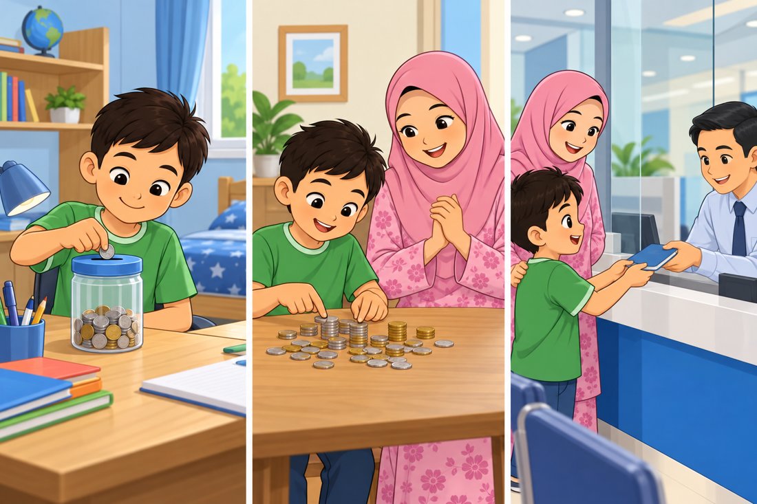 Tiga gambar bersiri: Hanif memasukkan duit syiling ke dalam tabung di meja belajarnya; Hanif mengira duit syiling sambil ibunya memujinya; Hanif dan ibu di kaunter bank, pegawai bank memberikan buku akaun simpanan kepada Hanif
