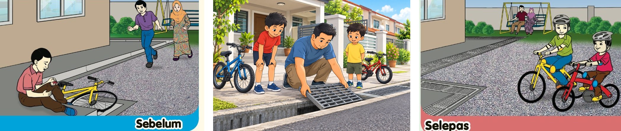 Gambar 8 (kiri, Sebelum): Hanif terjatuh dari basikal di tepi longkang yang tidak bertutup; ayah dan ibu berlari ke arahnya. Gambar 9 (tengah): ayah memasang penutup longkang besi yang kukuh sambil Hanif, yang lututnya bertampal, dan adiknya melihat. Gambar 10 (kanan, Selepas): longkang sudah ditutup; Hanif dan adiknya memakai topi keledar dan menunggang basikal