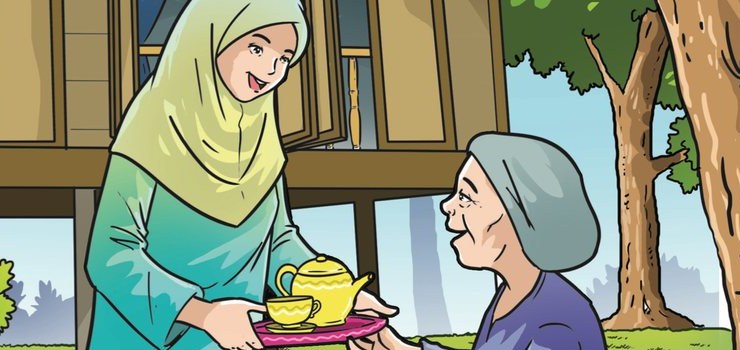 Ibu memegang dulang berisi teko dan cawan dengan kedua-dua belah tangan di hadapan nenek