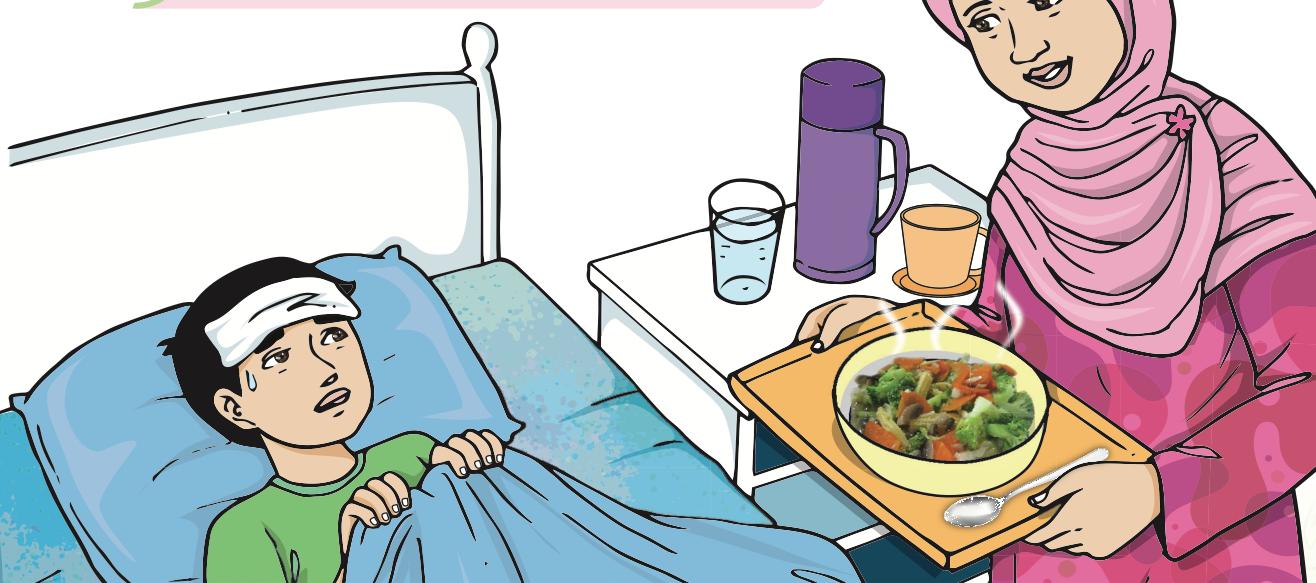 Ibu membawa dulang berisi semangkuk sup sayur kepada Saiful yang sakit di atas katil