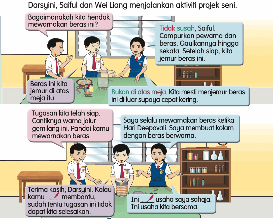 Darsyini, Saiful dan Wei Liang mewarnakan beras bersama-sama