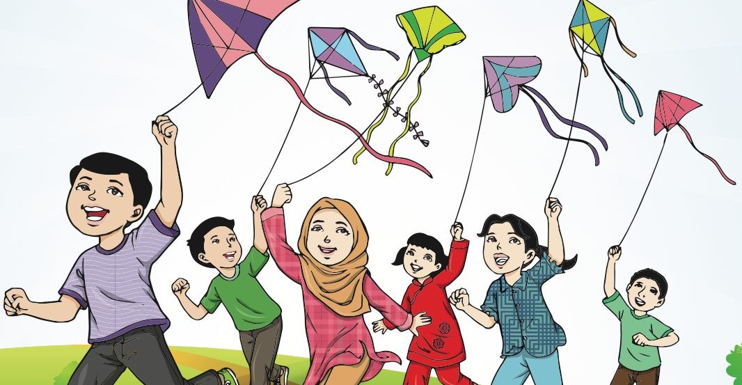 Kanak-kanak berlari sambil menerbangkan lelayang