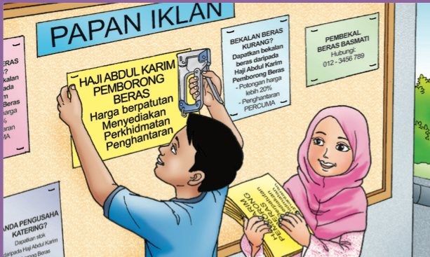 Seorang budak lelaki menampal iklan di papan iklan sambil rakan perempuannya memegang risalah