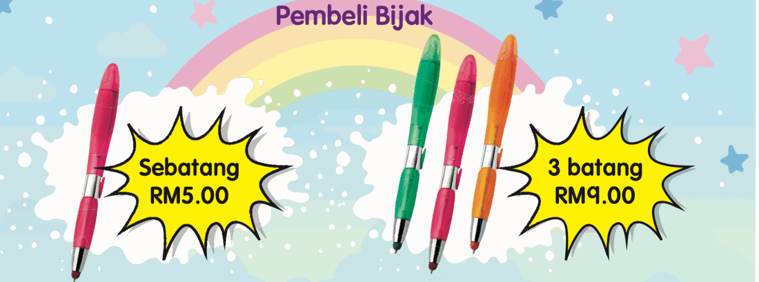Tanda harga: sebatang pen RM5.00; tiga batang pen RM9.00