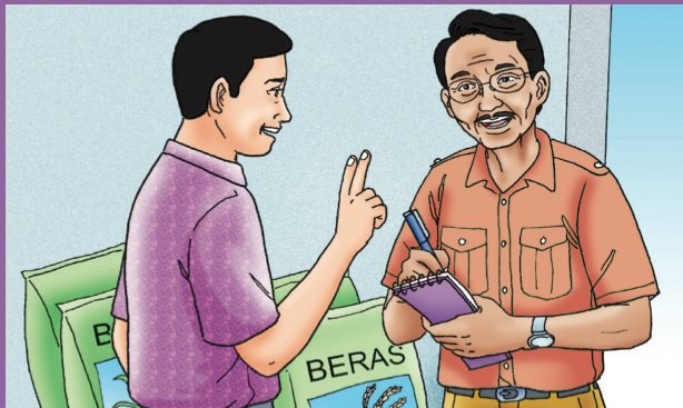 Seorang pekerja mencatat pesanan beras daripada seorang pelanggan