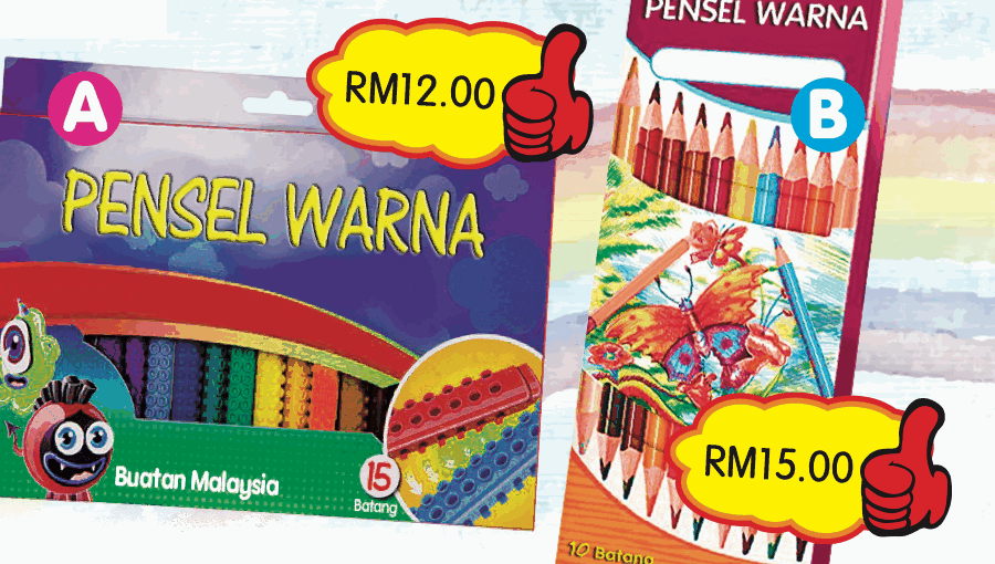 Dua jenis pensel warna, A berharga RM12.00 dan B berharga RM15.00