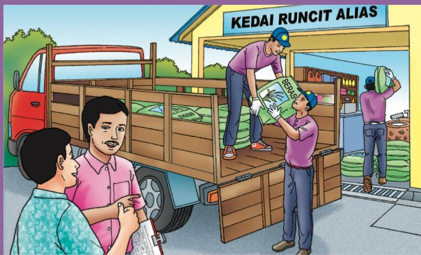 Pekerja mengangkat guni beras dari lori ke kedai runcit