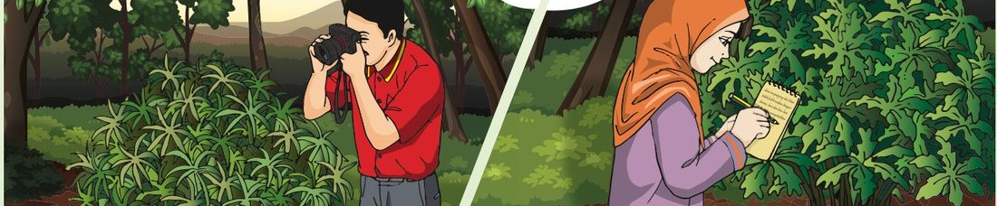 Ayah mengambil gambar dan ibu mencatat maklumat di taman herba