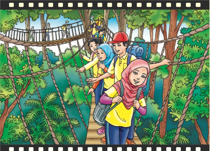 Nabila dan kawan-kawan meniti jambatan gantung di hutan