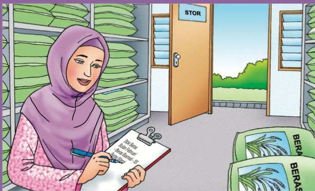 Ibu mencatat jumlah guni beras di dalam stor