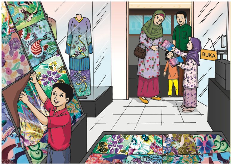 Nasri menghias kedai batik dan Nabila menyambut pelanggan