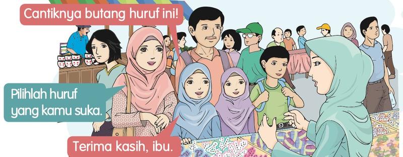 Nabila dan keluarga memilih butang huruf di gerai