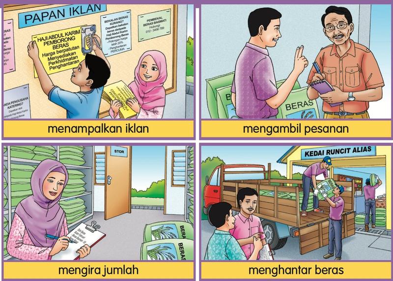 Empat gambar: menampalkan iklan, mengambil pesanan, mengira jumlah, menghantar beras