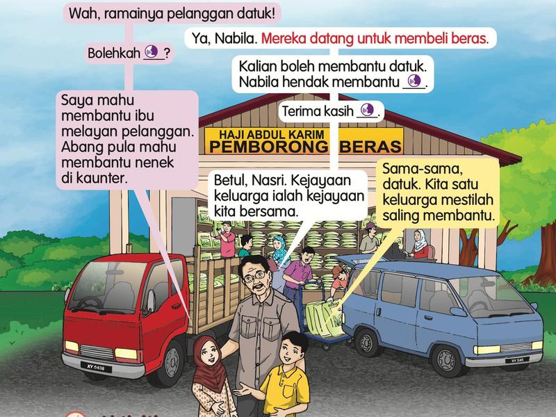 Datuk, Nabila dan Nasri di hadapan kedai Haji Abdul Karim Pemborong Beras