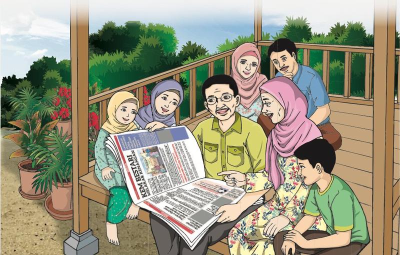 Keluarga Nabila membaca berita tentang Kem Bestari dalam surat khabar