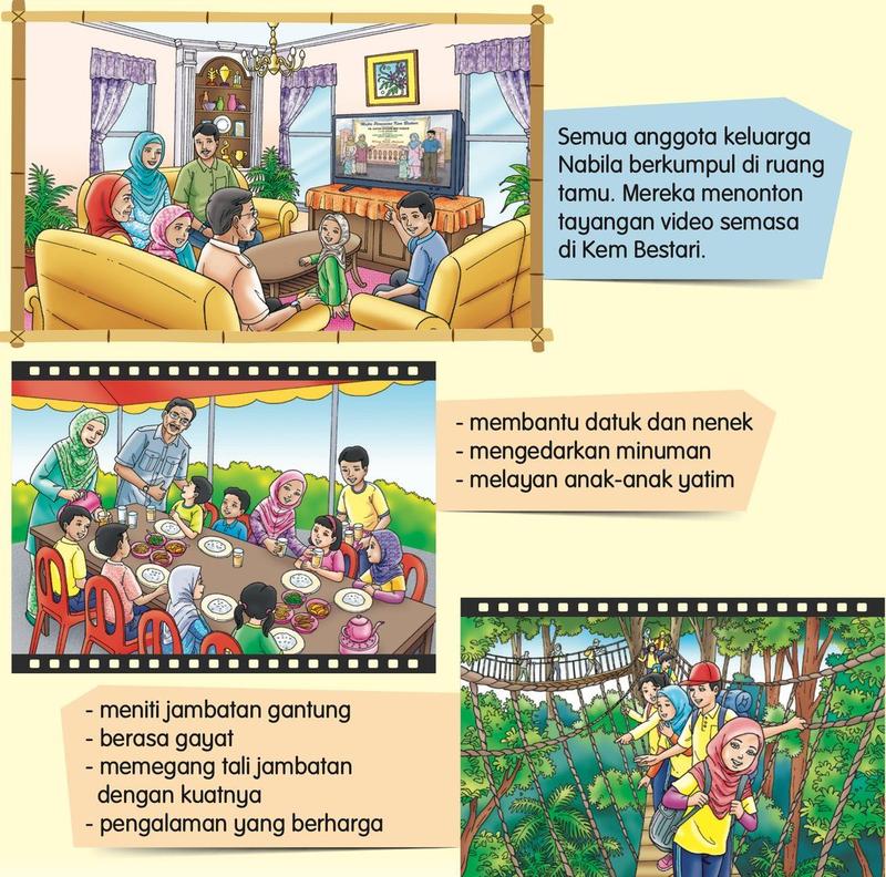 Keluarga menonton video; gambar makan bersama anak yatim dan meniti jambatan gantung dengan frasa