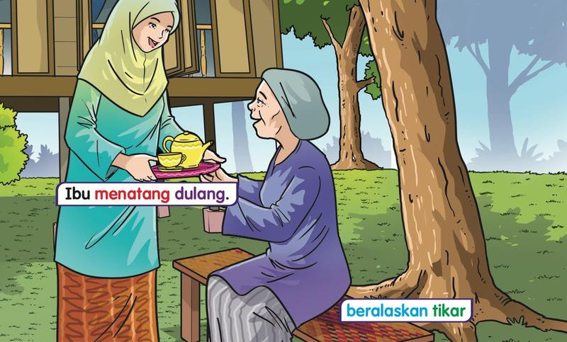 Ibu menatang dulang berisi teko kepada nenek yang duduk beralaskan tikar