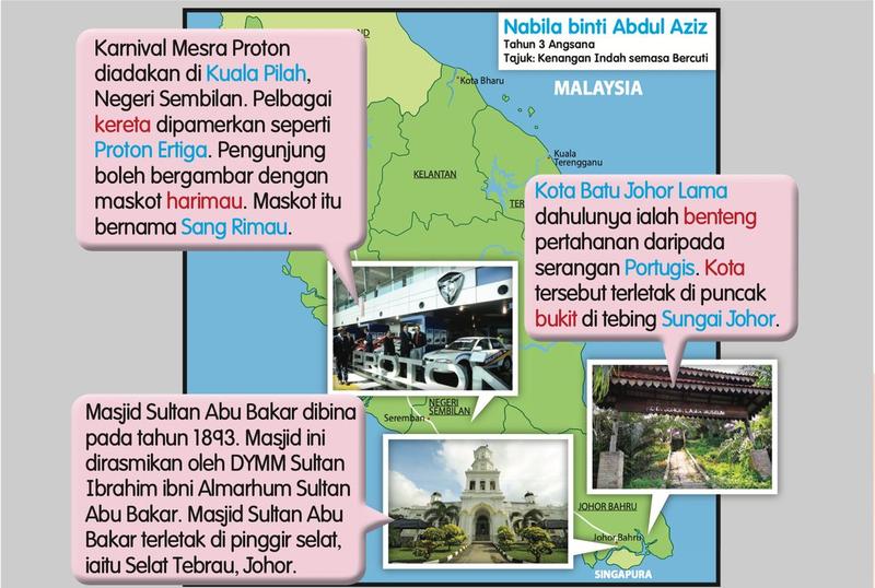 Peta Semenanjung Malaysia dengan tiga gambar tempat dan petikan pendek