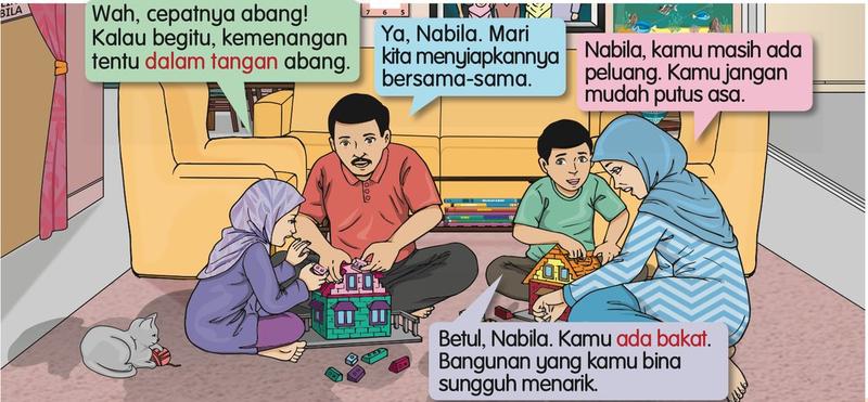 Keluarga Nabila membina bangunan blok plastik bersama-sama di ruang tamu