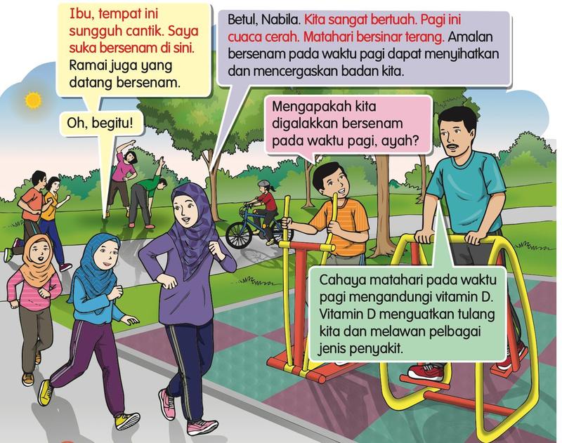 Nabila, ibu, abang Nasri dan ayah bersenam di taman pada waktu pagi