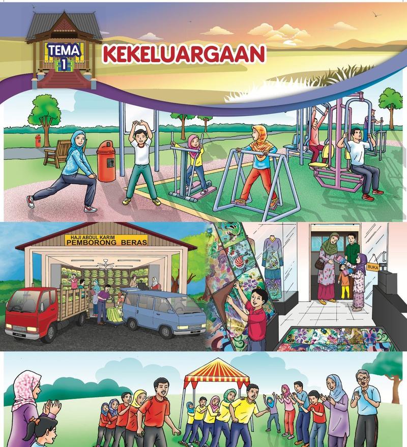 Tiga gambar keluarga: bersenam di taman, membantu di kedai beras dan kedai batik, dan bermain bersama dalam sukaneka