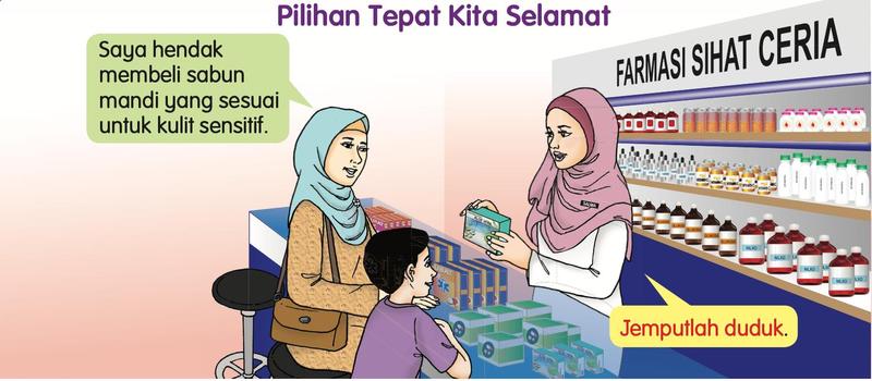 Ibu dan anak di kaunter Farmasi Sihat Ceria; ahli farmasi berkata Jemputlah duduk