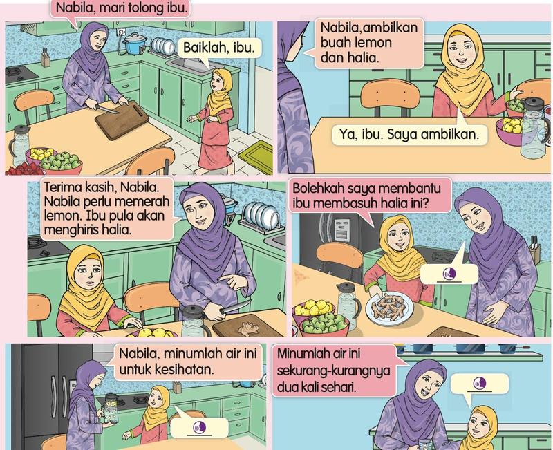 Komik enam petak: ibu dan Nabila menyediakan minuman lemon dan halia di dapur