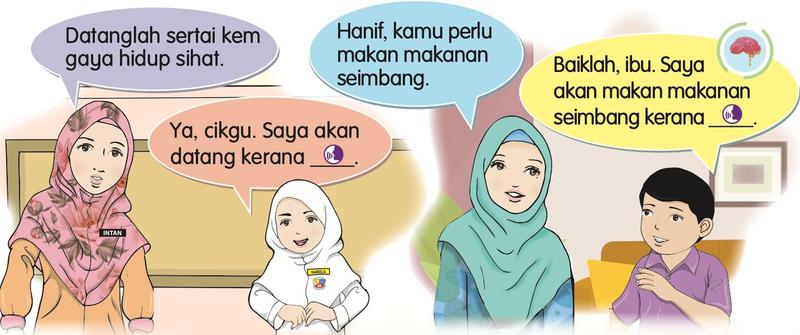 Penilaian: cikgu menjemput murid menyertai kem gaya hidup sihat; ibu menasihati Hanif makan makanan seimbang