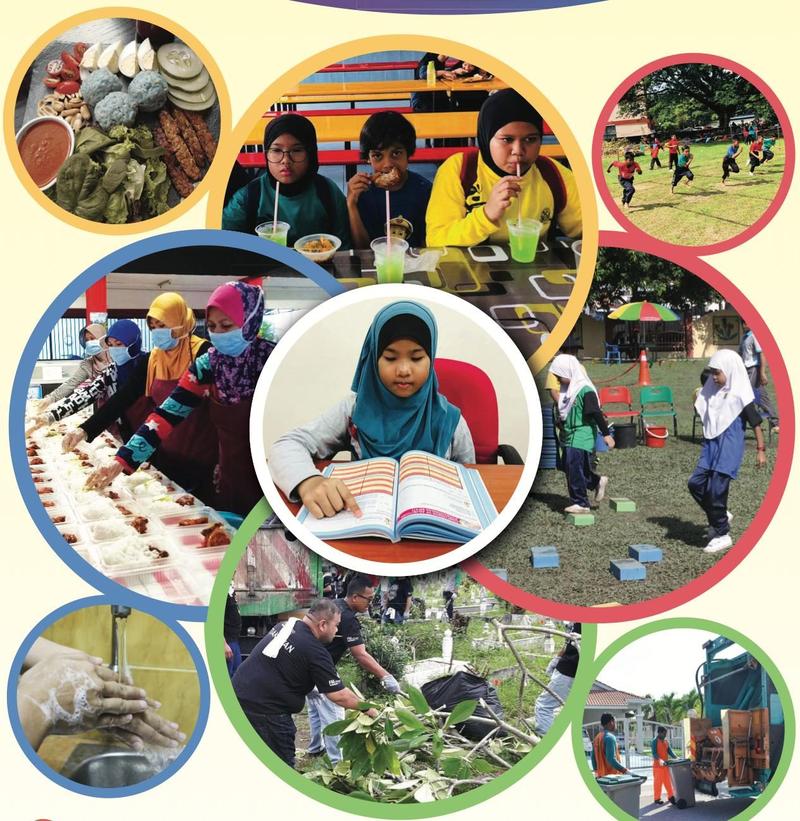 Kolaj gambar: makanan sihat, murid minum, bersukan, gotong-royong, mencuci tangan dan membaca