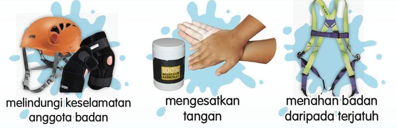 Topi keselamatan dan pelindung lutut, kapur tangan, tali abah-abah