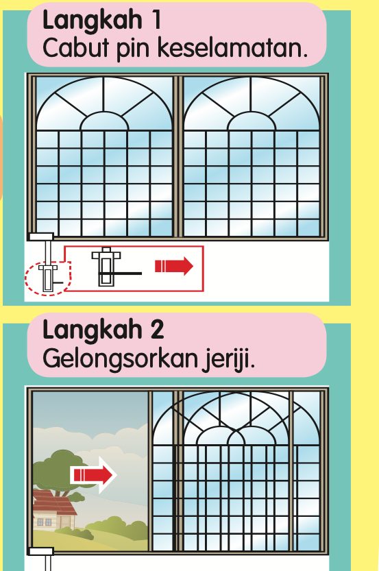 Langkah 1 cabut pin keselamatan; Langkah 2 gelongsorkan jeriji