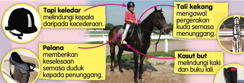 Poster alat keselamatan menunggang kuda: topi keledar, pelana, tali kekang dan kasut but