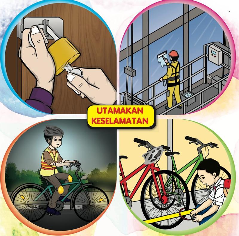 Poster Utamakan Keselamatan: tangan mengunci mangga, pekerja memakai tali keselamatan, budak berbasikal memakai topi keledar dan jaket, budak mengunci basikal