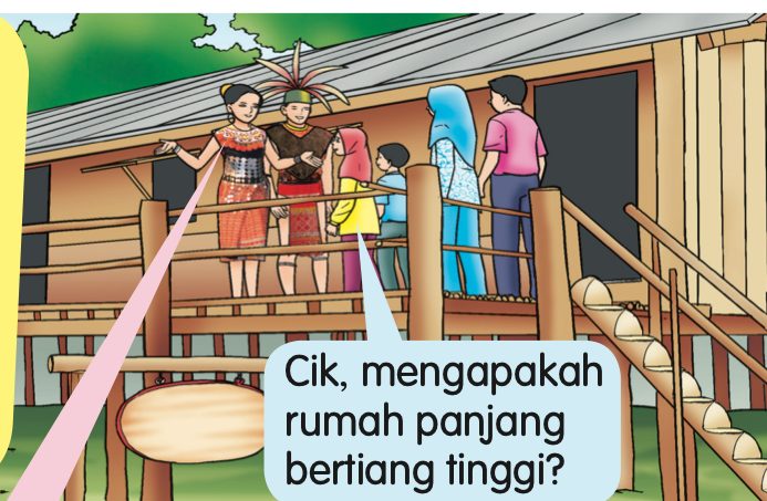 Rumah panjang kaum Iban yang bertiang tinggi dan bertangga sebatang kayu