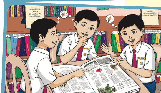 Tiga murid lelaki berbincang sambil membaca surat khabar di perpustakaan