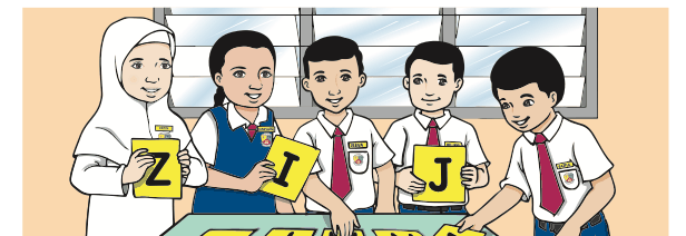 Lima murid memegang kad huruf Z, I dan J dan menyusun huruf di atas meja