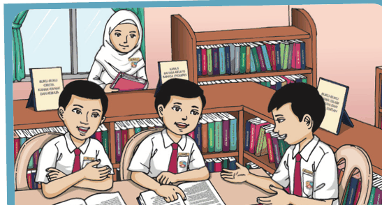 Tiga murid membaca buku dan belajar bersama-sama di perpustakaan