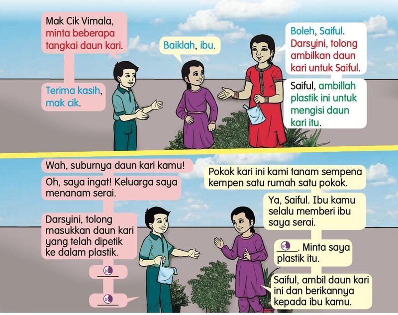 Saiful, Darsyini dan Mak Cik Vimala berbual di kebun daun kari
