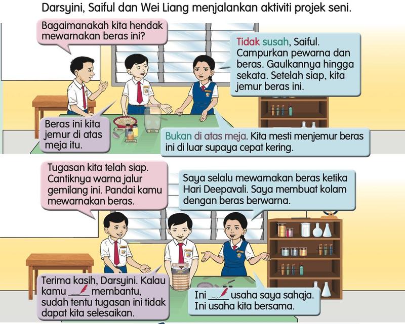 Darsyini, Saiful dan Wei Liang mewarnakan beras untuk membuat jalur gemilang