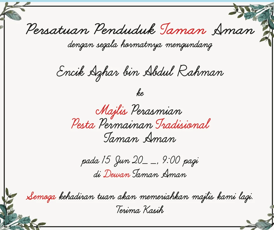 Kad undangan Majlis Perasmian Pesta Permainan Tradisional Taman Aman dalam tulisan berangkai