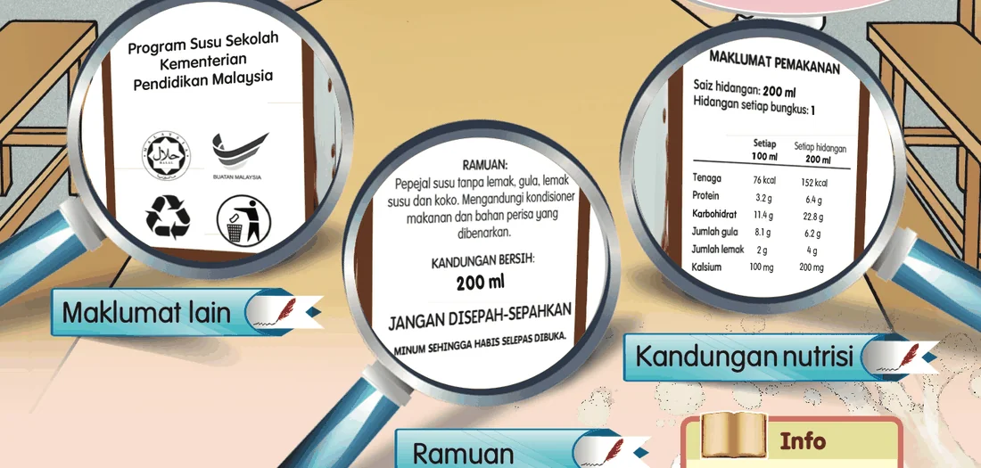 Tiga kanta pembesar menunjukkan maklumat lain, ramuan dan kandungan nutrisi pada kotak susu
