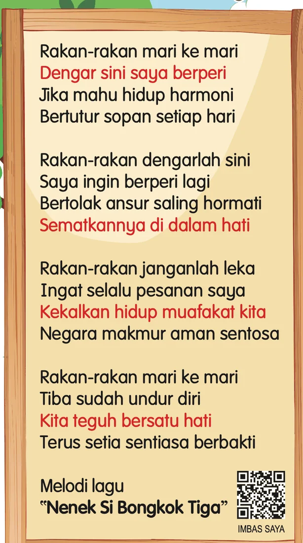 Lirik lagu Cahaya Keharmonian, empat rangkap, melodi lagu Nenek Si Bongkok Tiga