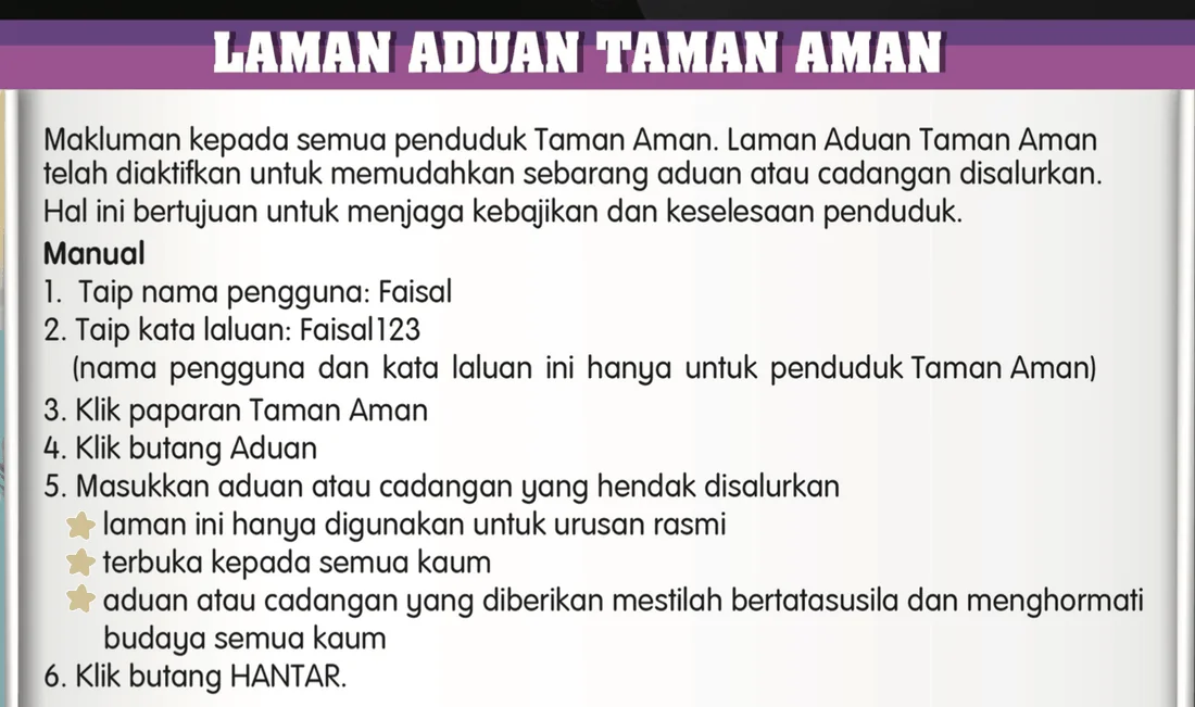 Skrin Laman Aduan Taman Aman dengan maklumat dan enam langkah manual