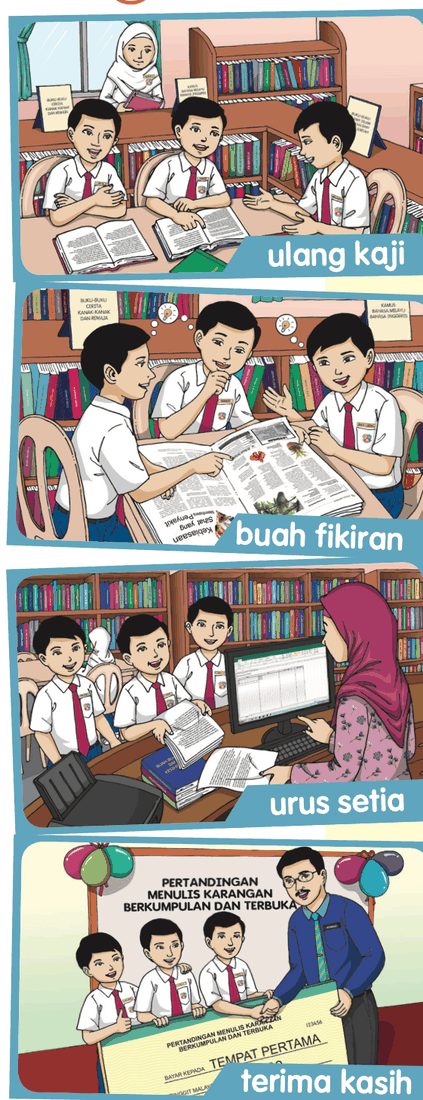 Empat gambar murid berlabel ulang kaji, buah fikiran, urus setia dan terima kasih