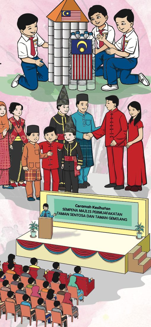 Murid pelbagai kaum menyusun tin berbentuk menara dengan bendera Malaysia; penduduk pelbagai kaum bersalaman; ceramah kesihatan di dewan