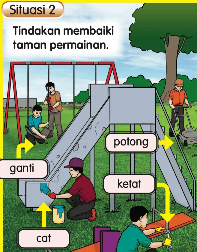 Penduduk membaiki taman permainan dengan label ganti, potong, ketat dan cat