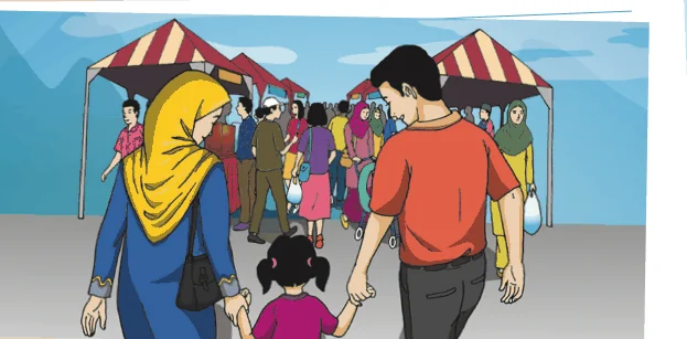Ibu bapa memimpin anak di tapak jualan yang sesak